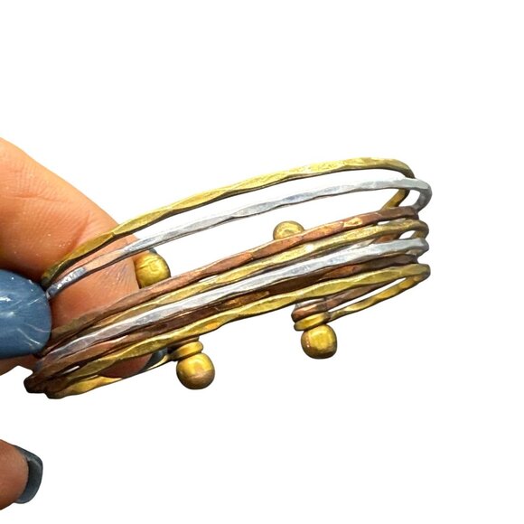 Handcrafted Multitone Open Cuff Bracelet With Gold Copper & Silver Plated Wavy S - Picture 4 of 7